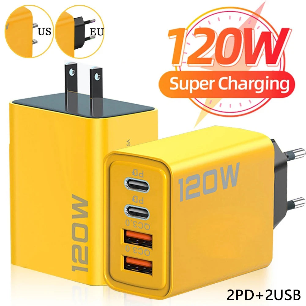 Carregador Rápido de 120 W Tipo C USB C PD // Carregador Rápido 3.0 // Adaptador de Carregador USB para iPhone 15 14 13 Samsung Xiaomi // Carregador de parede