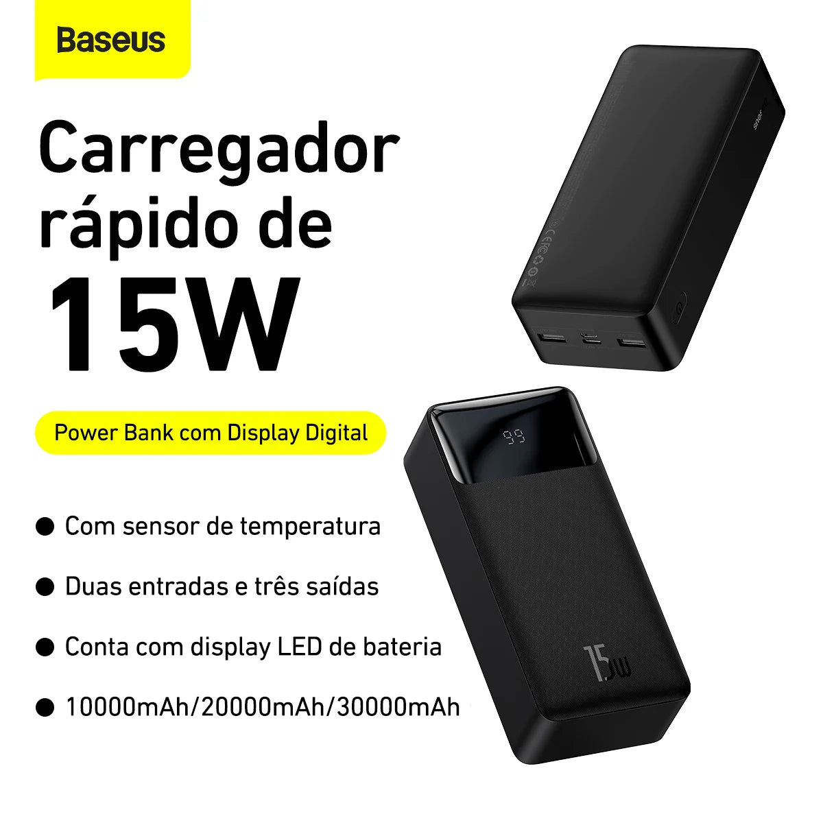 Powerbank Baseus 30.000mah 15w // Carregador Portátil Recarregável USB Alta Resistência // Display Digital // Carga Rápida // ENVIO IMEDIATO