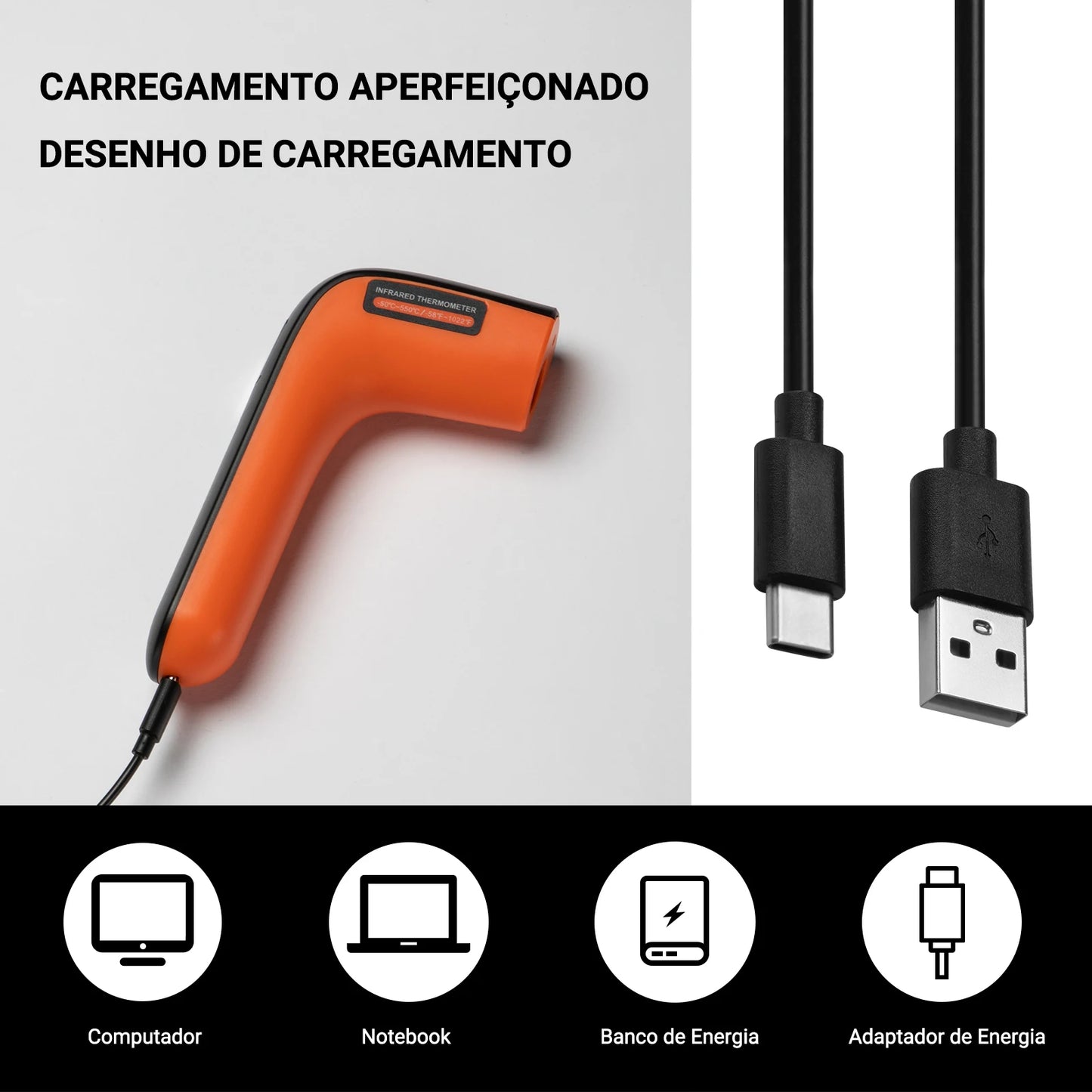 Termômetro Infravermelho a Laser s/ Contato INKBIRD // INK-IFT02 12:1 D:S c/ Pistola de Temperatura // Recarregável e Suporte p/ Medição de Distância de 36 cm