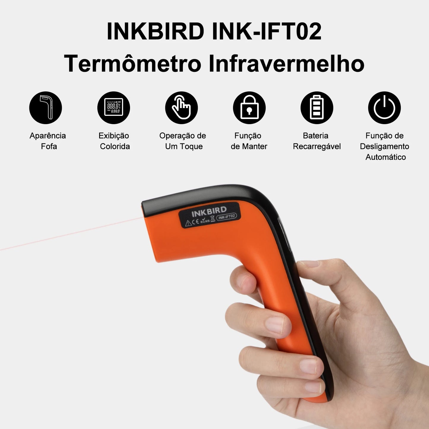 Termômetro Infravermelho a Laser s/ Contato INKBIRD // INK-IFT02 12:1 D:S c/ Pistola de Temperatura // Recarregável e Suporte p/ Medição de Distância de 36 cm