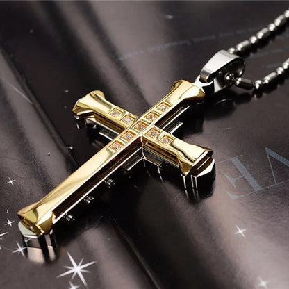 Novo Pingente Masculino Poder da Cruz de Cristal // SUMENG 2026 // Zircônias nas Cores Dourado/Preto/Azul // Colar em Aço Inoxidável