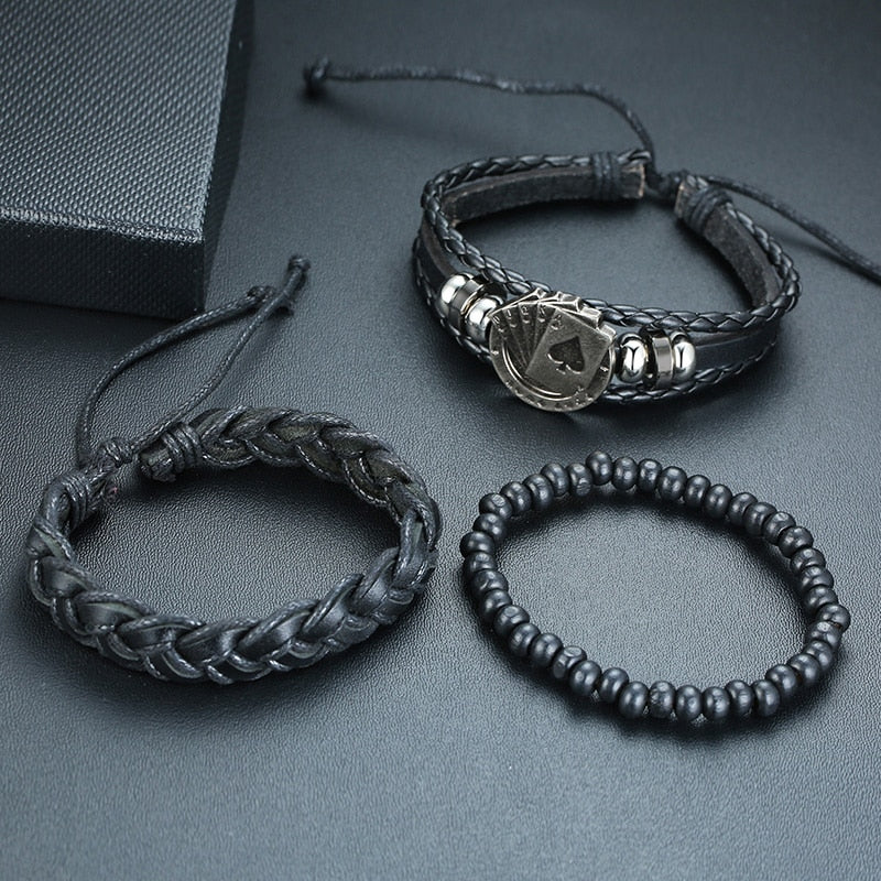 Conjunto de Pulseiras Vnox para Homens // Pulseira de Couro com Miçangas de Corda Mista // Corrente Envoltória // Lindas Pulseiras Esportivas com Joias  para Presentear a quem Você Ama!!!