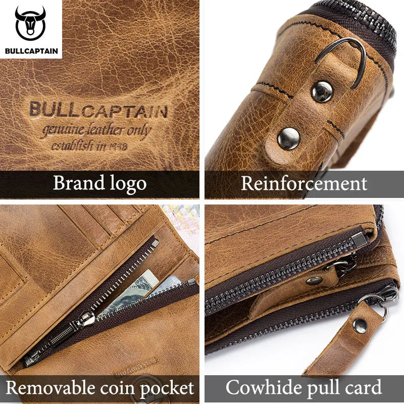 Carteira Masculina BULLCAPTAIN em Couro Autêntico // Modelo Curto // Estilo Retrô // Com aAlta Proteção RFID // Nova Carteira Curta.