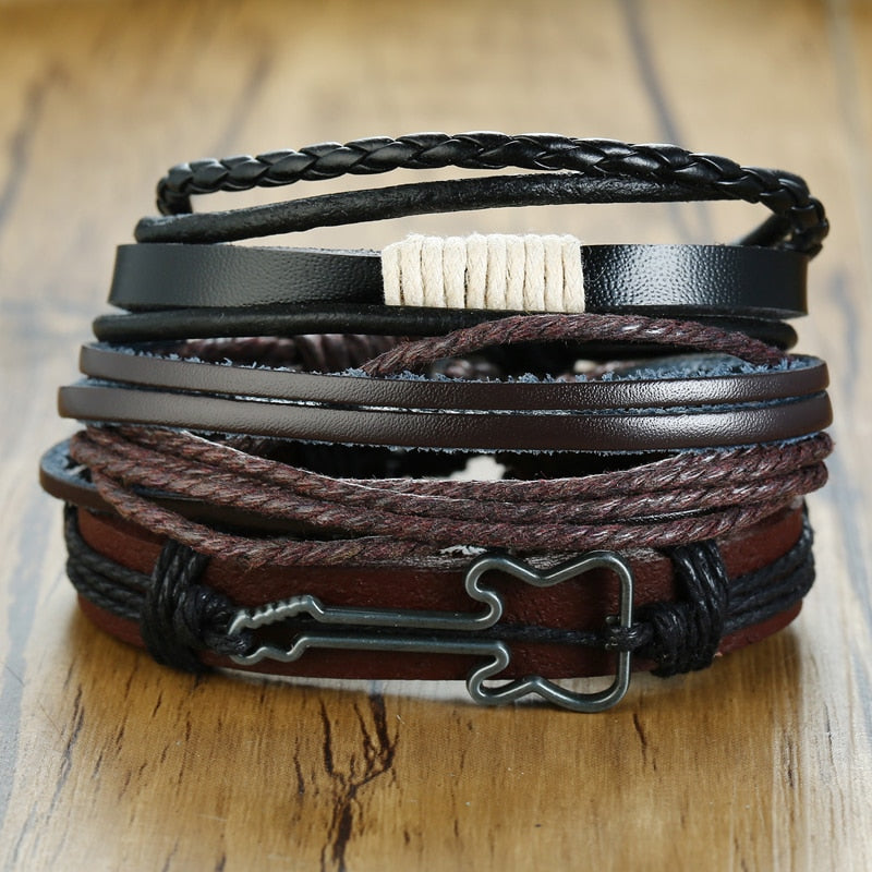 Conjunto de Pulseiras Vnox para Homens // Pulseira de Couro com Miçangas de Corda Mista // Corrente Envoltória // Lindas Pulseiras Esportivas com Joias  para Presentear a quem Você Ama!!!