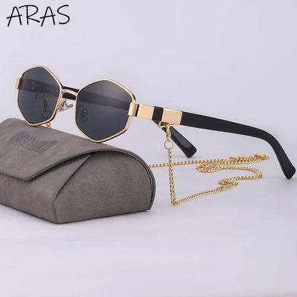 Óculos de Sol Femininos Hexagonais Retrô da Moda com Corrente // Armação Pequena // Designer de Marca 2025