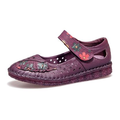 Sapatos Baixos e Macios de Bico Redondo Vintage GKTINOO// Design de Flores da Moda Primavera  // Couro Genuíno Mocassim Feminino Tamanho Grande