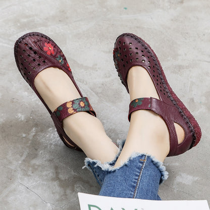 Sapatos Baixos e Macios de Bico Redondo Vintage GKTINOO// Design de Flores da Moda Primavera  // Couro Genuíno Mocassim Feminino Tamanho Grande