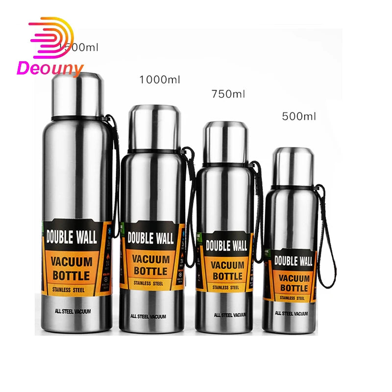 Garrafa Térmica DEOUNY de Parede Dupla com Alça // Em Aço Inoxidável // Com Isolamento a Vácuo  // Disponível em tamanhos grandes: 0,5L / 0,75L / 1L / 1,5L