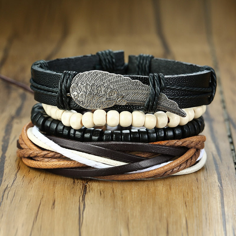 Conjunto de Pulseiras Vnox para Homens // Pulseira de Couro com Miçangas de Corda Mista // Corrente Envoltória // Lindas Pulseiras Esportivas com Joias  para Presentear a quem Você Ama!!!