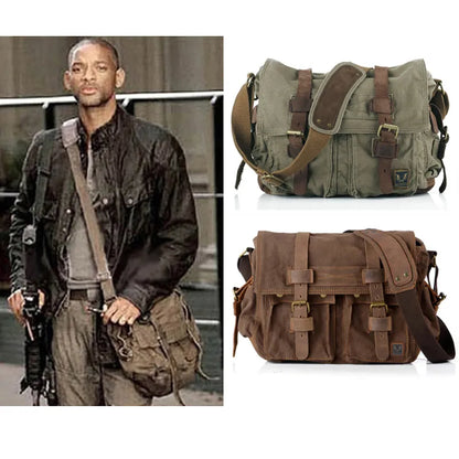 Bolsa de Ombro Masculino Crossbody Eu sou a lenda Will Smith de Lona Militar + Couro Genuíno // Lindas Sacolas Casuais Mensageiro de Lona 2024 Super Resistentes