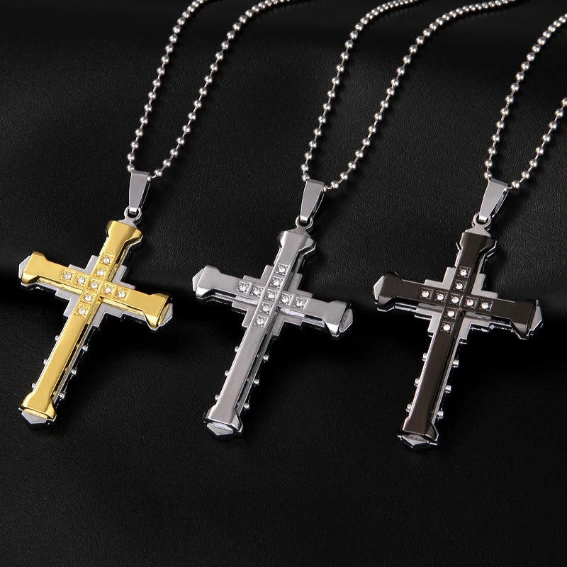 Novo Pingente Masculino Poder da Cruz de Cristal // SUMENG 2026 // Zircônias nas Cores Dourado/Preto/Azul // Colar em Aço Inoxidável