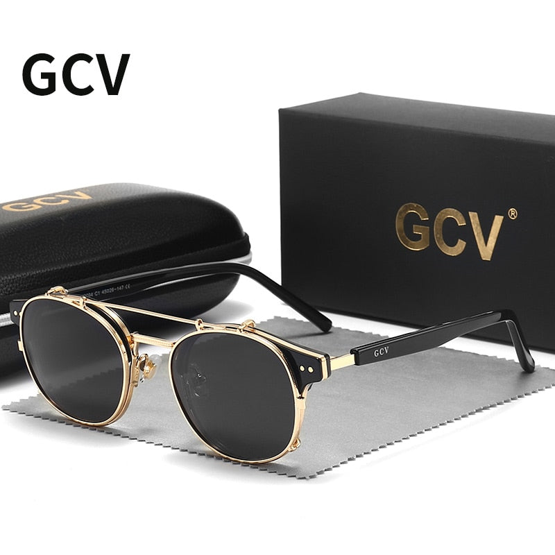 Óculos de Sol GCV com Lente Removível // Dupla Camada // Óculos Blu-Ray Acetato // Gótico Retro Steampunk // Lindos Óculos de Sol com Proteção UV400, POLARIZADO, ESPELHO, Antirreflexo