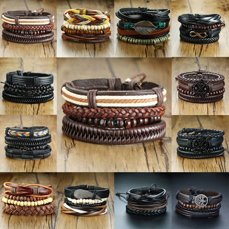 Conjunto de Pulseiras Vnox para Homens // Pulseira de Couro com Miçangas de Corda Mista // Corrente Envoltória // Lindas Pulseiras Esportivas com Joias  para Presentear a quem Você Ama!!!