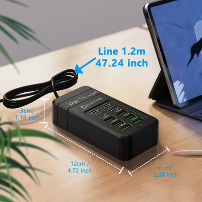 Carregador USB Rápido c/ Múltiplas Tomadas (UE) // Cabo de Extensão de 1,2 m c/ 6 Portas USB-A e 4 USB-C // Portátil p/ Celulares e Tomadas USB.