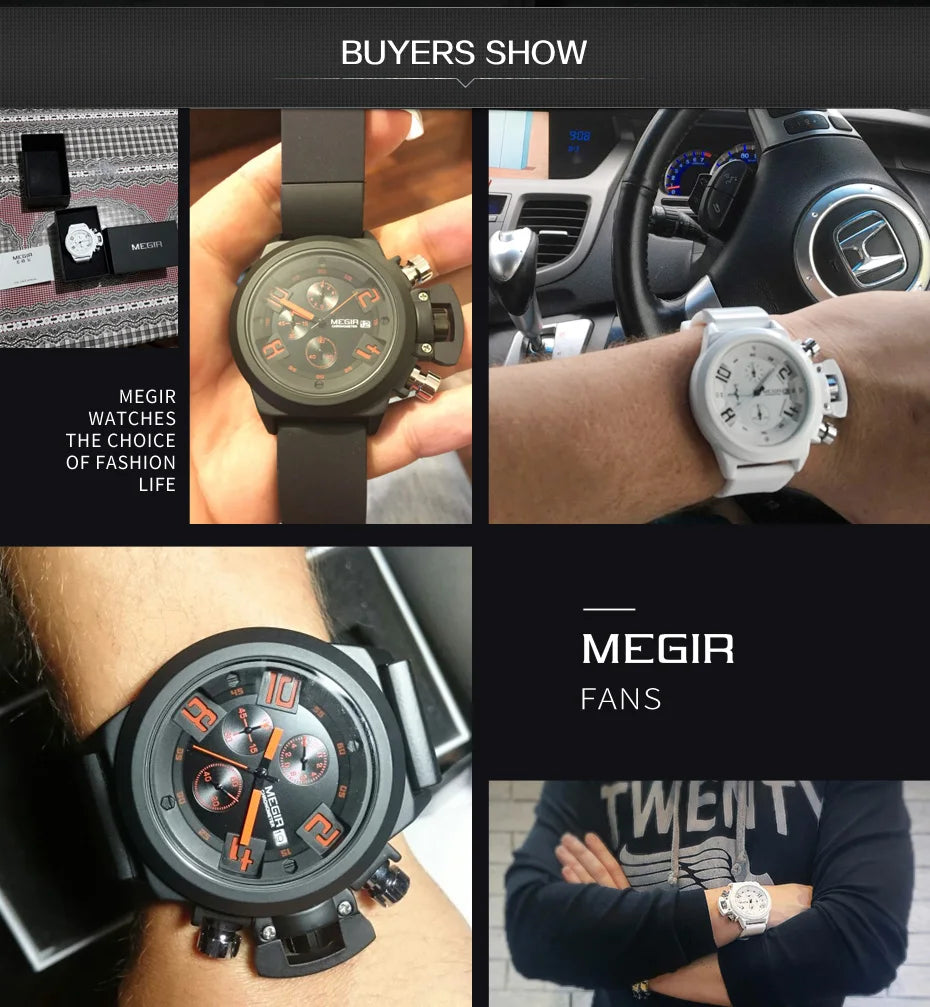 Relógios Masculinos de Luxo MEGIR // Moda Esporte Militar // Cronógrafo / Data Luminosa / Quartzo // Relógio de Pulso Grande Dial