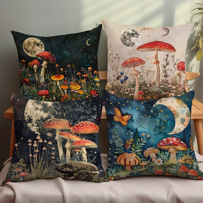 Capa de Almofada Quadrada 4 Tamanhos // Com Estampas de Cogumelo e Flor // Para Decoração de Sala de Estar/Sofá.