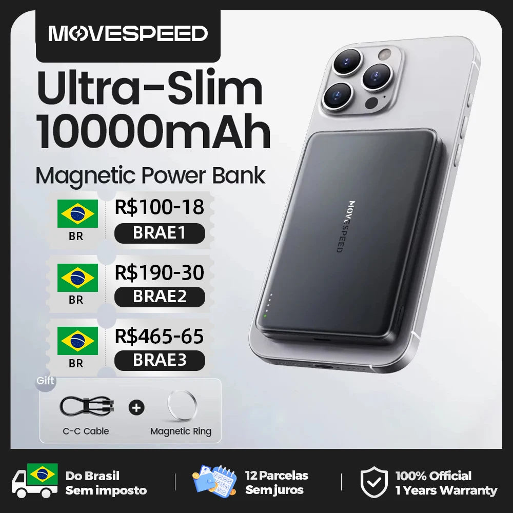 Carregador Portátil Magnético Fino MOVESPEED S10 de 10000mAh com PD20W // Bateria Externa s/ Fio p/ iPhone 16 e Samsung.