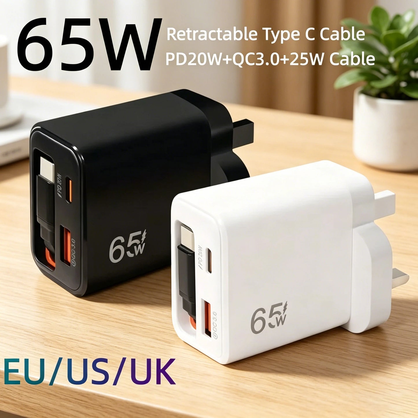 Carregador Rápido USB-C de 65W com Cabo Tipo-C Retrátil e Carregamento Rápido PD // Para iPhone 16/15, MacBook, Notebook Samsung e iPad (Plugue UE)