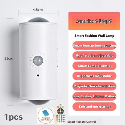 Luminária de Parede Inteligente c/ Sensor Infravermelho e Carregamento // Instalação Magnética Autoadesiva // Holofote RGB // Ideal p/ Decoração // Iluminação Ambiente e Luz Noturna.