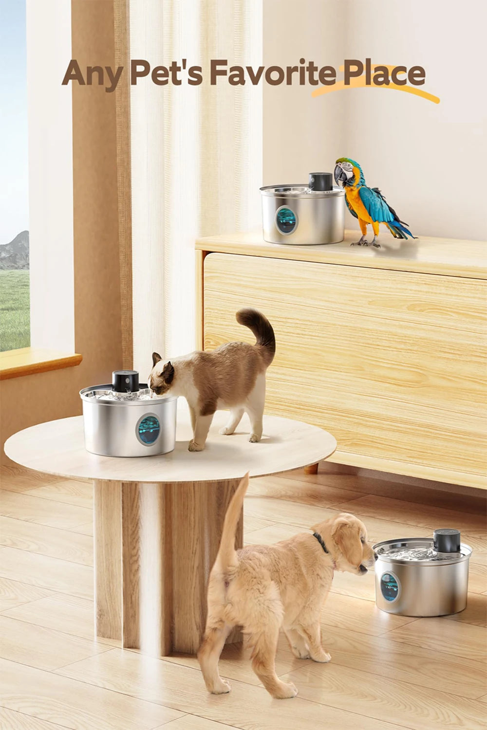 Fonte de Água Automática e Recarregável p/ Pets (Cães e Gatos) // Aço Inoxidável, 3,2 L (108 oz), Sem Fio, 5V, c/ Sensor de Movimento