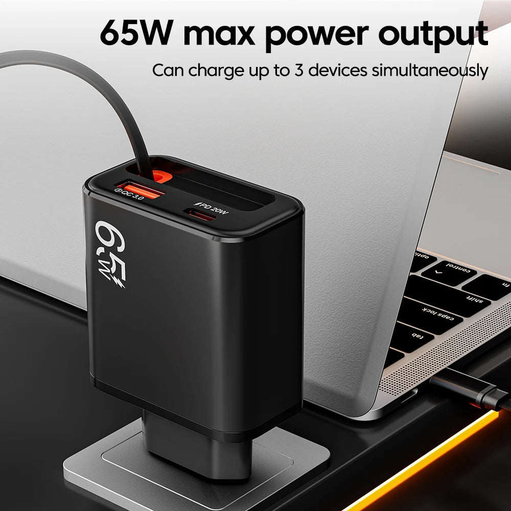 Carregador Rápido USB-C de 65W com Cabo Tipo-C Retrátil e Carregamento Rápido PD // Para iPhone 16/15, MacBook, Notebook Samsung e iPad (Plugue UE)