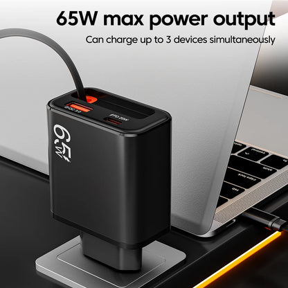 Carregador Rápido USB-C de 65W com Cabo Tipo-C Retrátil e Carregamento Rápido PD // Para iPhone 16/15, MacBook, Notebook Samsung e iPad (Plugue UE)