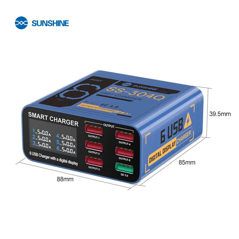 Carregador Portátil SUNSHINE SS-304Q c/ 6 portas USB // Visor Digital e Carregamento Rápido QC3.0 // Compatível c/ Diversos Dispositivos.