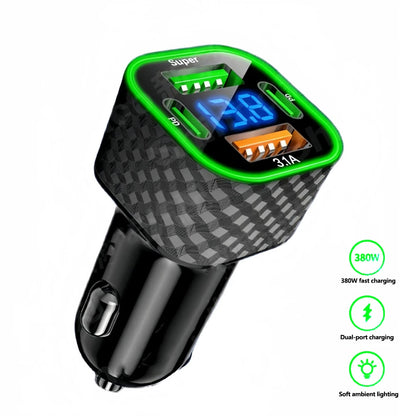 Carregador de Celular p/ Carro // Carga Super Rápida de 380 W // 4 em 1 USB C Dual PD c/ Display de Voltagem // Adaptador para iPhone, Xiaomi, Oppo, Samsung
