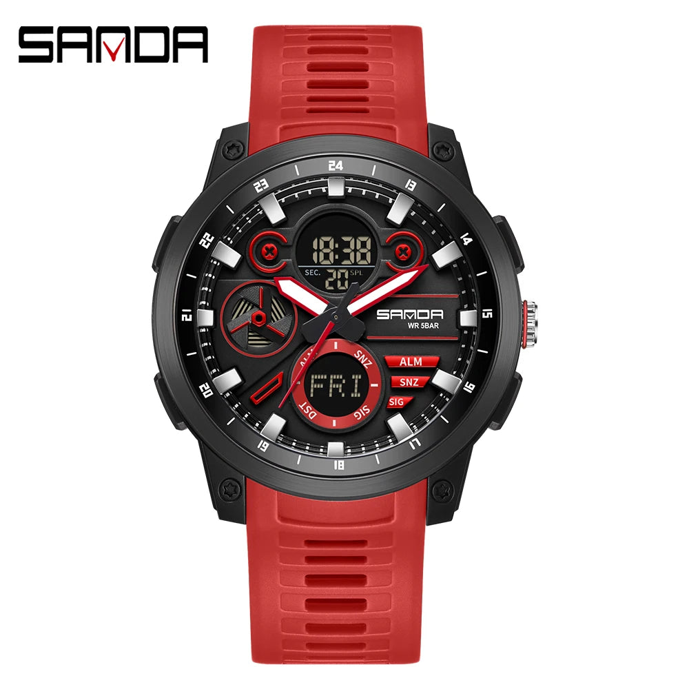 SANDA 3379 Relógio Eletrônico Masculino de Luxo c/ Display Duplo // Esportivo // Multifuncional // À Prova d'Água, LED // Relógio Eletrônico Masculino