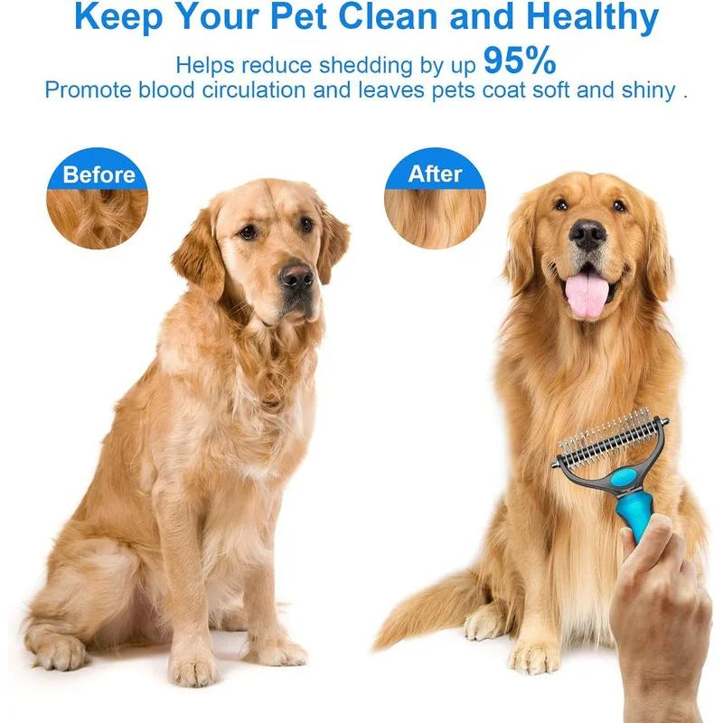 Escova 2 em 1 de Aço Inoxidável p/ Remoção de Pelos de Animais de Estimação // Removedor de Pelos de Cães e Gatos // Cortador de Nós de Pelos // Pente e Escova p/ Filhotes e gatos p/ Higiene e Remoção de Pelos Soltos.