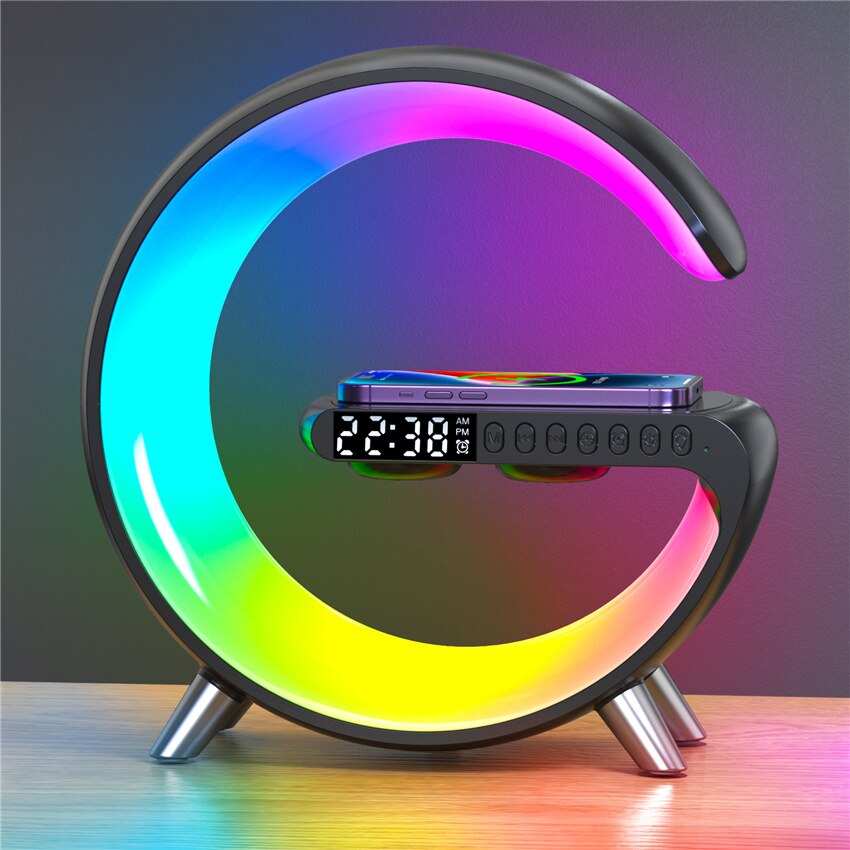 Suporte de Carregador Sem Fio de 15 W LED RGB // Luz de Mesa Alto-Falante // APP Controle para iPhone 14 13 12 11 X 8 // Estação de Carregamento Rápido Samsung