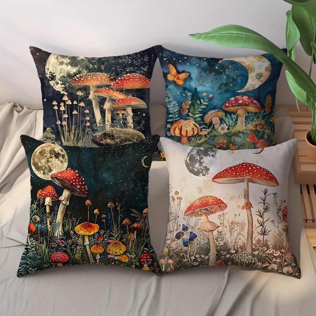 Capa de Almofada Quadrada 4 Tamanhos // Com Estampas de Cogumelo e Flor // Para Decoração de Sala de Estar/Sofá.