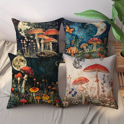 Capa de Almofada Quadrada 4 Tamanhos // Com Estampas de Cogumelo e Flor // Para Decoração de Sala de Estar/Sofá.