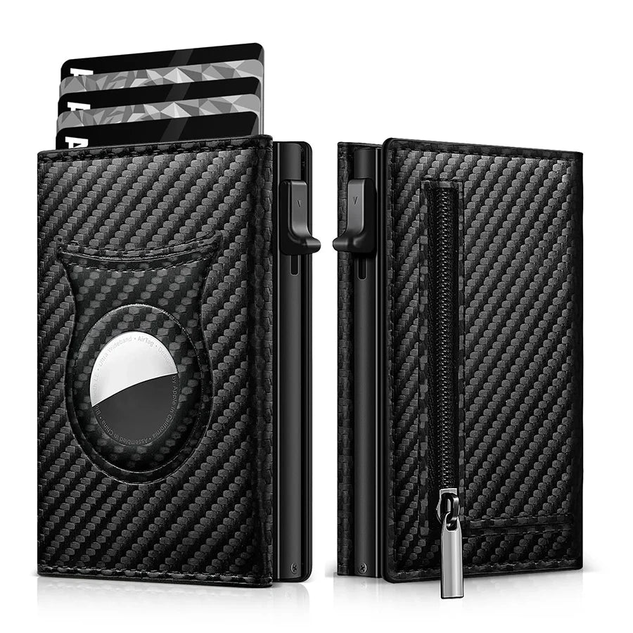 Carteira Masculina de Couro c/ Clipe Magnético p Cartão // De Fibra de Carbono e RFID // Com Zíper // Carteira Pop-Up Inteligente AirTag