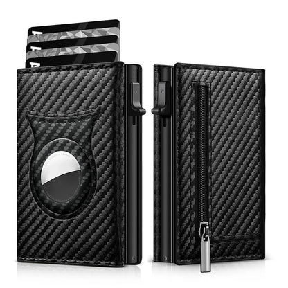 Carteira Masculina de Couro c/ Clipe Magnético p Cartão // De Fibra de Carbono e RFID // Com Zíper // Carteira Pop-Up Inteligente AirTag