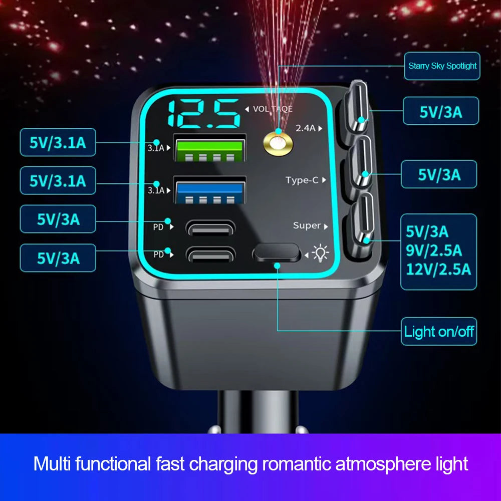 Carregador Veicular 5 em 1 (Máx. 66W) com Cabo Retrátil, PD 30W + 2,4A, Display de Voltagem e Carregamento Super-Rápido de 22,5W para iPhone e Android