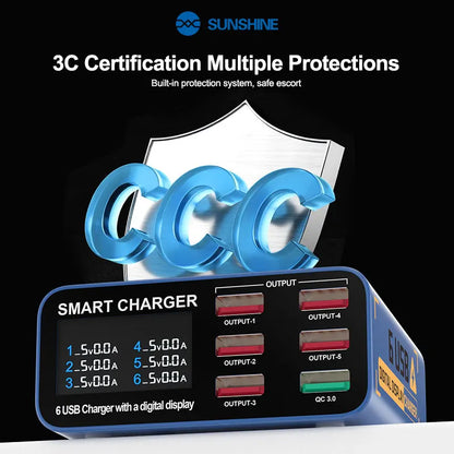Carregador Portátil SUNSHINE SS-304Q c/ 6 portas USB // Visor Digital e Carregamento Rápido QC3.0 // Compatível c/ Diversos Dispositivos.