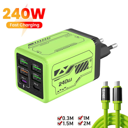 Carregador 6 em 1 de 240 W c/ Carregamento Rápido PD // Compatível c/ IPhone, Samsung e Xiaomi // Com Plugues UE/EUA.