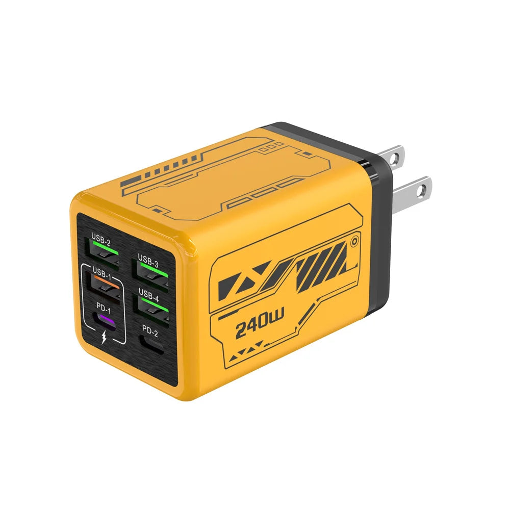 Carregador 6 em 1 de 240 W c/ Carregamento Rápido PD // Compatível c/ IPhone, Samsung e Xiaomi // Com Plugues UE/EUA.