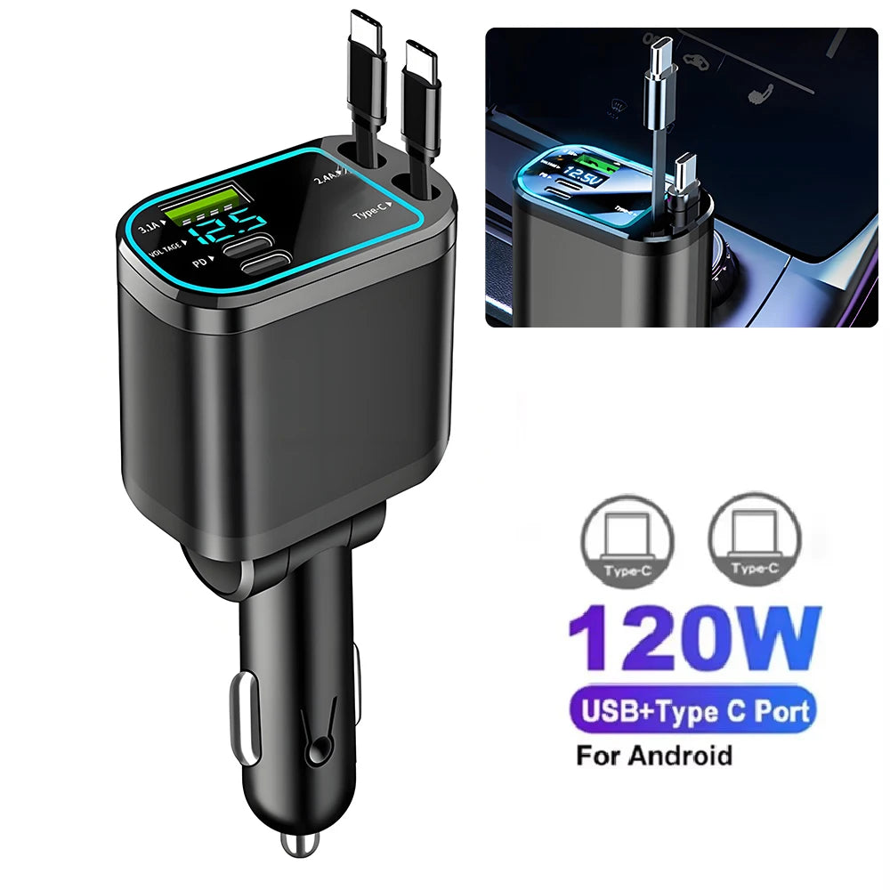 Carregador Veicular 5 em 1 (Máx. 66W) com Cabo Retrátil, PD 30W + 2,4A, Display de Voltagem e Carregamento Super-Rápido de 22,5W para iPhone e Android