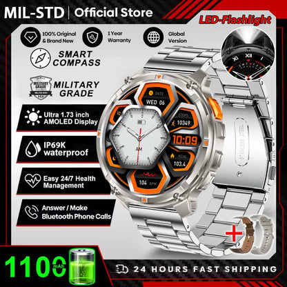 Novo Smartwatch Masculino AMOLED de 1100mAh (2026) // Com mais de 170 Recursos p/ Esportes e fitnessM // Lanterna LED // Classificação IP69 de Resistência à Água // Chamadas Bluetooth e GPS // Compatível com iOS.