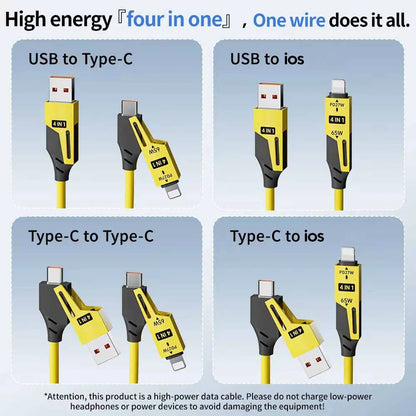 Cabo Espiral 4 em 1 c/ Carregamento Rápido PD (27W/65W) // USB Tipo C para Tipo C e Lightning // Para iPhone 15/16, Samsung e Xiaomi