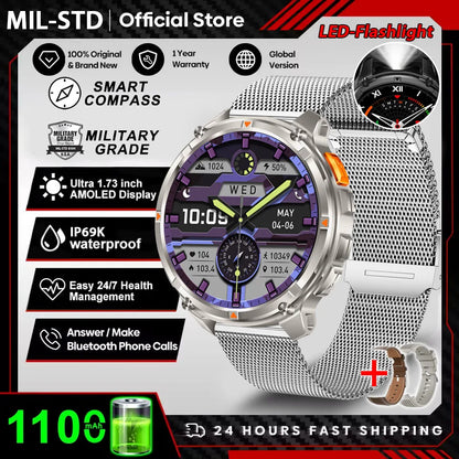 Novo Smartwatch Masculino AMOLED de 1100mAh (2026) // Com mais de 170 Recursos p/ Esportes e fitnessM // Lanterna LED // Classificação IP69 de Resistência à Água // Chamadas Bluetooth e GPS // Compatível com iOS.