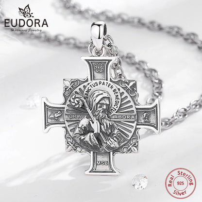 Jóias Religiosas Eudora 925 Prata Esterlina // Cruz de San Benedict Pingente // Medalha de São Bento // Colar Unissex Vintage