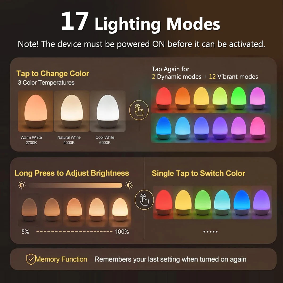 Luz Noturna Infantil em Formato de Ovo // Ideal p/ Amamentação e Presente // 3 Temperaturas de Cor e 12 Cores RGB // Toque Suave (Textura Agradável) // Iluminação Ambiente p/ o Quarto