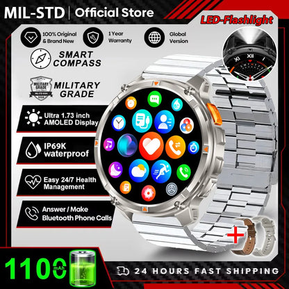 Novo Smartwatch Masculino AMOLED de 1100mAh (2026) // Com mais de 170 Recursos p/ Esportes e fitnessM // Lanterna LED // Classificação IP69 de Resistência à Água // Chamadas Bluetooth e GPS // Compatível com iOS.
