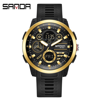 SANDA 3379 Relógio Eletrônico Masculino de Luxo c/ Display Duplo // Esportivo // Multifuncional // À Prova d'Água, LED // Relógio Eletrônico Masculino