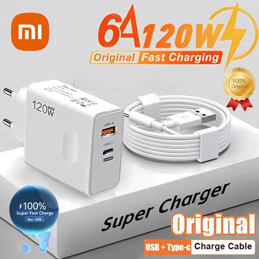 Carregador Original Xiaomi 120 W // Carregamento Rápido PD USB  2 Portas // Carregamento Rápido p/ Xiaomi, Huawei, iPhone, Samsung