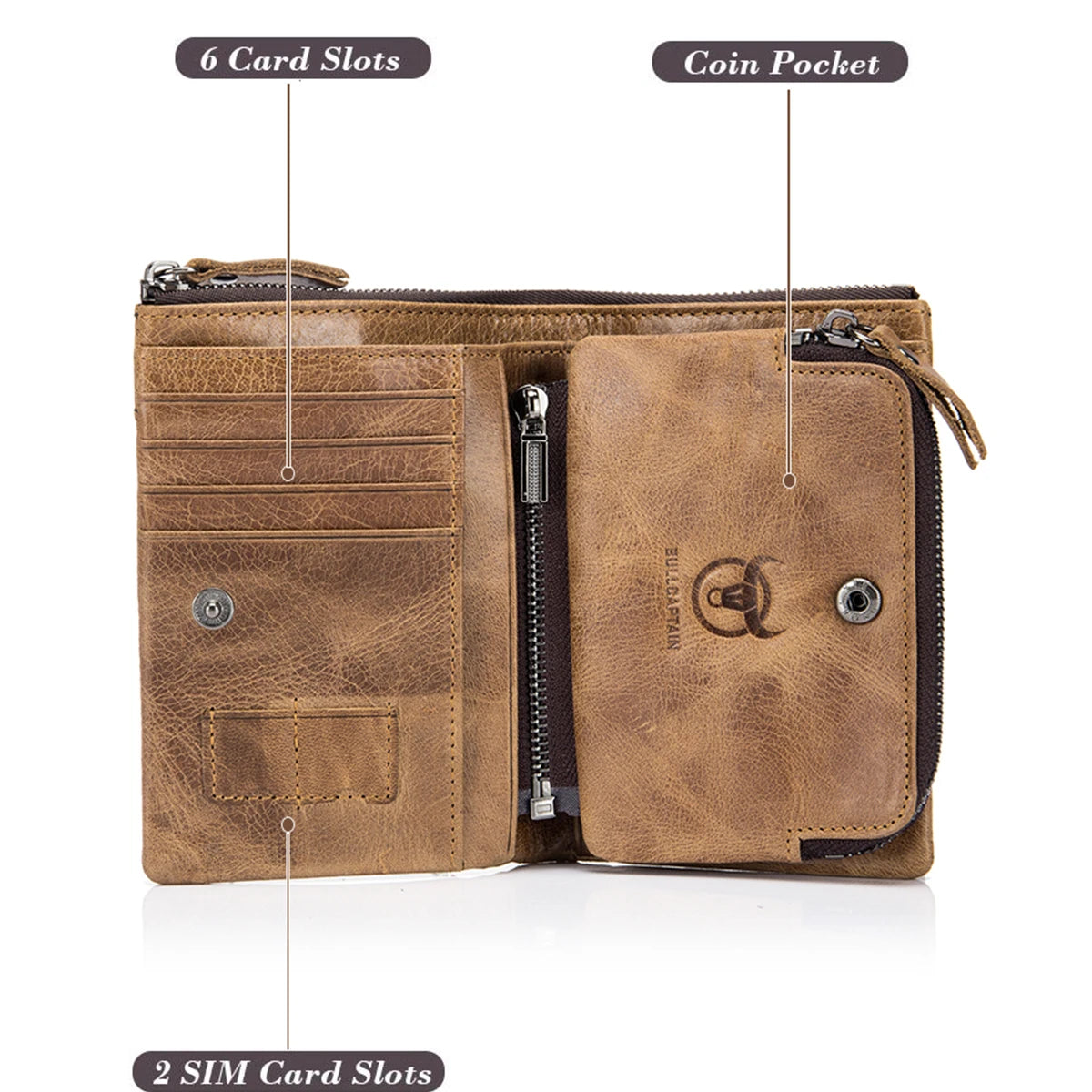 Carteira Masculina BULLCAPTAIN em Couro Autêntico // Modelo Curto // Estilo Retrô // Com aAlta Proteção RFID // Nova Carteira Curta.