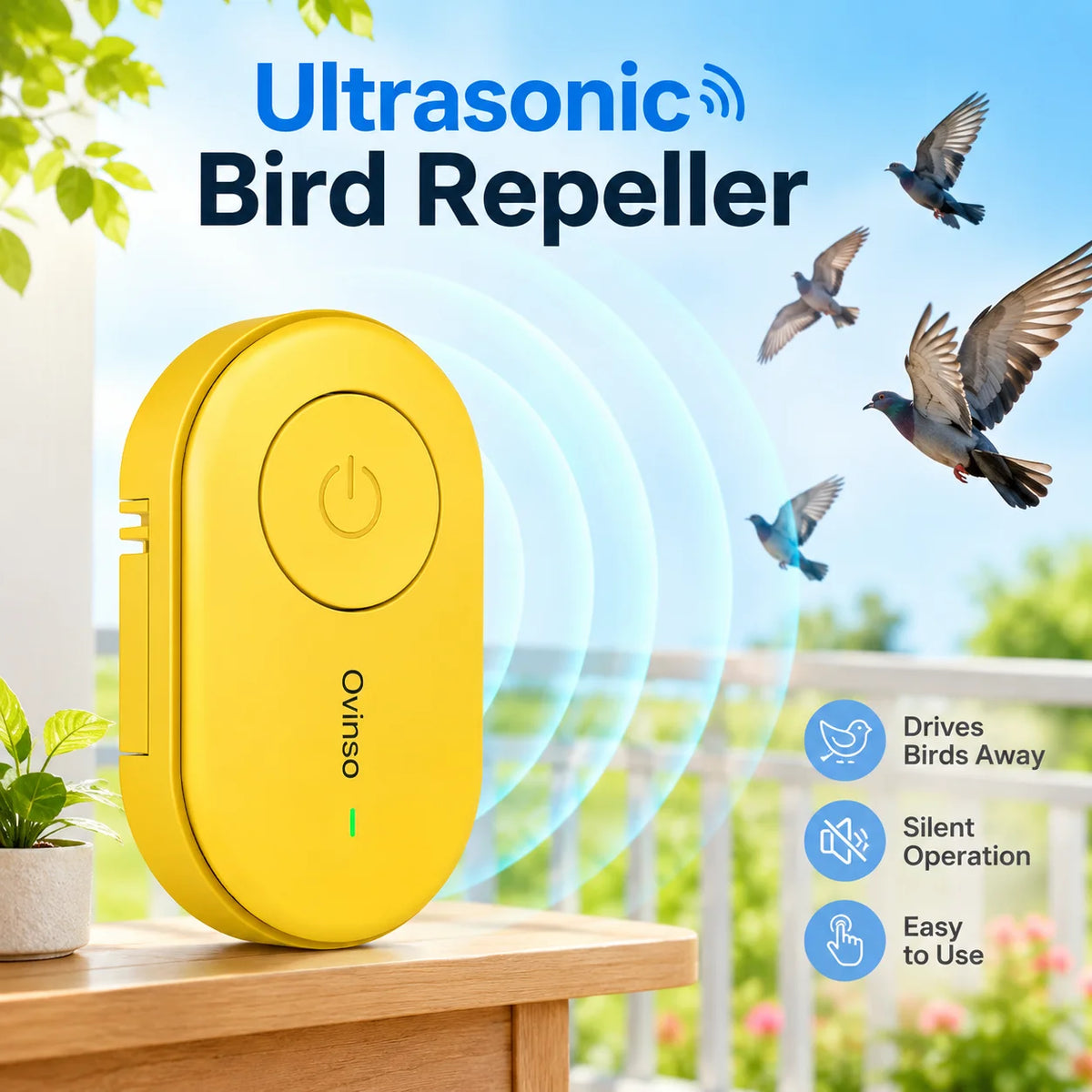 Repelente Ultrassônico de Pássaros // Silencioso e Totalmente Automático // Resistente à Chuva e ao Sol // Ideal p/ Jardins Residenciais, Varandas e Pátios.
